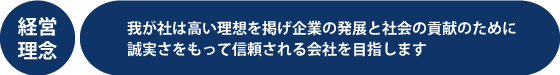 経営理念　我が社は高い理想を掲げ企業の発展と社会の貢献のために誠実さをもって信頼される会社を目指します